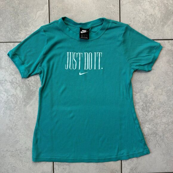 Nike Womens Just Do It Spellout Size L T-Shirt Turquoise Aqua - Picture 1 of 4
